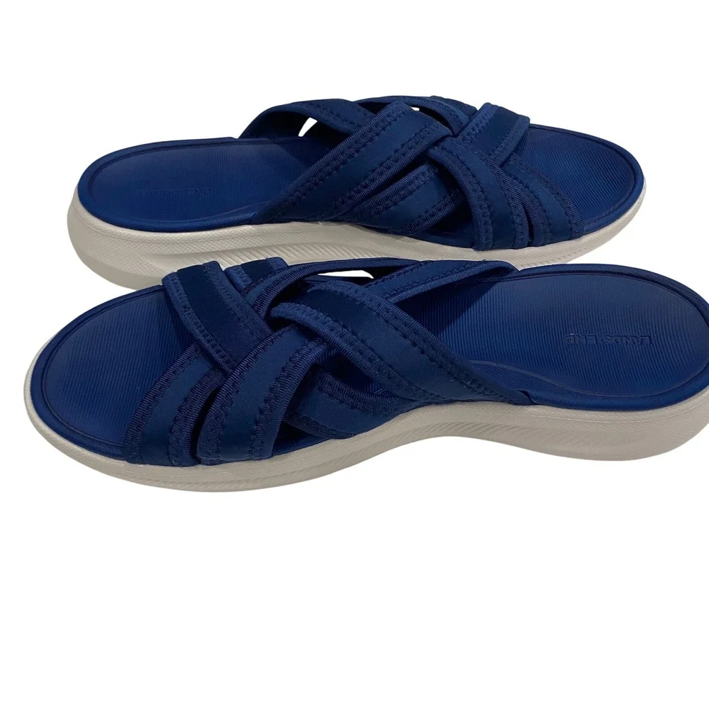 Lands End Women Navy Blue Crisscross Multi Strap Slide Sandals Sporty Comfort 12
